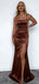Elegant Brown Satin Prom Dress Sexy Ruched Bust Sleeveless High Slit Long Gown,WGP2070