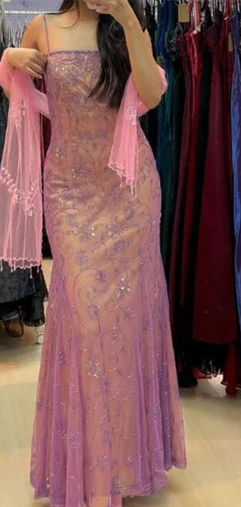 Unique Pink Spaghetti Strap Mermaid Floral Long Prom Dress Ideas, Evening Party Dresses,WGP1717