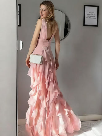 Sexy Pink V-Neck High Low Long Prom Dress Ideas, Evening Party Dresses,WGP1815