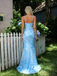 Unique Light Blue Floral Prom Dress Sequin Lace Sleeveless Bodycon Party Gown,WGP2111