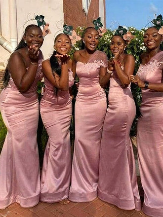 Elegant Pink Floral One-Shoulder Sleeveless Mermaid Long Bridesmaid Dresses Online, WGM426