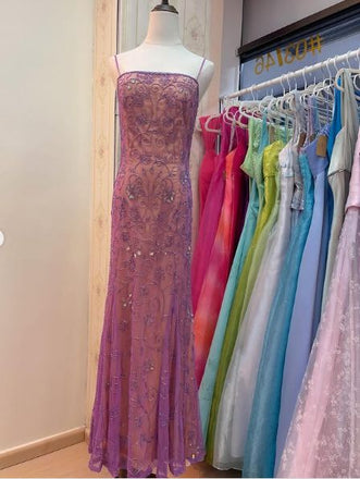 Unique Pink Spaghetti Strap Mermaid Floral Long Prom Dress Ideas, Evening Party Dresses,WGP1717