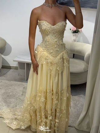 Elegant Yellow Floral Sweetheart A-Line Long Prom Dress Ideas, Evening Party Dresses ,WGP1604