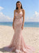 Elegant Pink Mermaid Prom Gown Lace Applique Sheer Corset Bodice Sparkling Beach Party,WGP2083