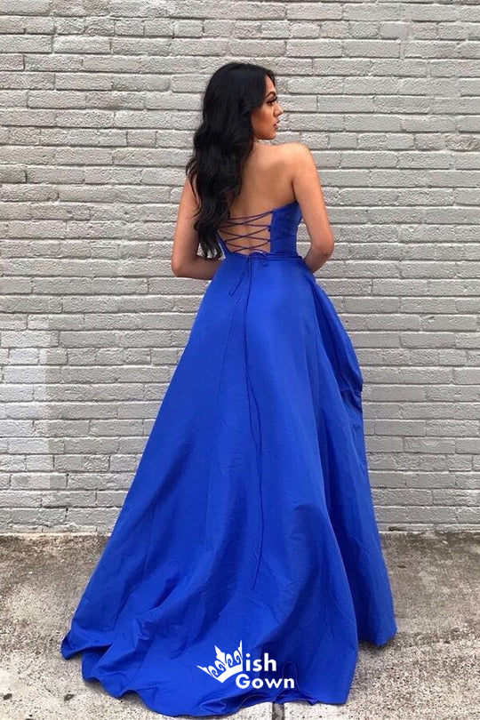 Charming Blue Strapless Sweetheart Lace up Back Side Slit Long Party Dress Prom Dresses,Evening Dress Online, WGP902