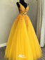 Gorgeous Yellow A-Line V-Neck Lace Popular Long Evening Dresses, Formal Dresses, Birthday Party, WGP591