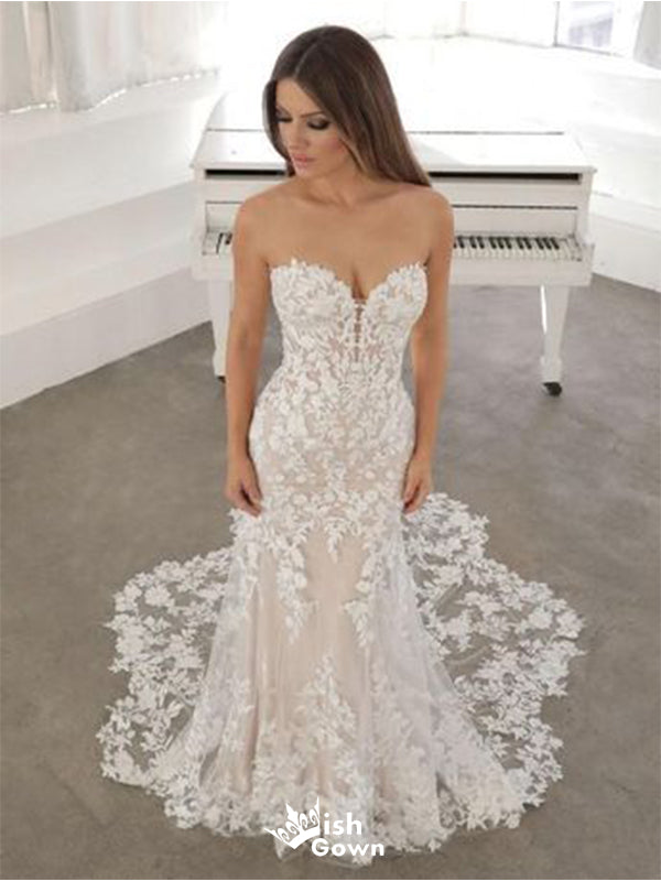 Romantic Sweetheart Mermaid Sleeveless With Trailing Flower Lace Popular Bridal Long Wedding Dresses, WDH151