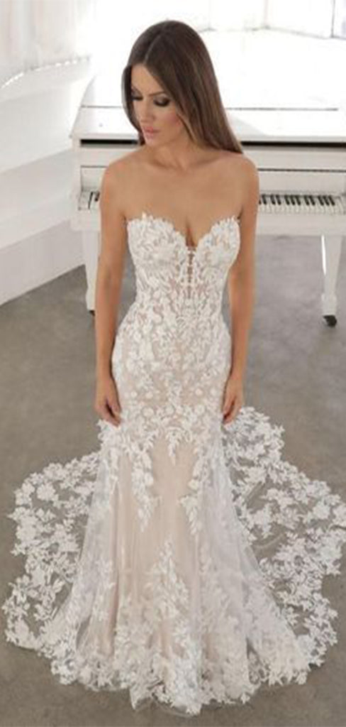 Romantic Sweetheart Mermaid Sleeveless With Trailing Flower Lace Popular Bridal Long Wedding Dresses, WDH151