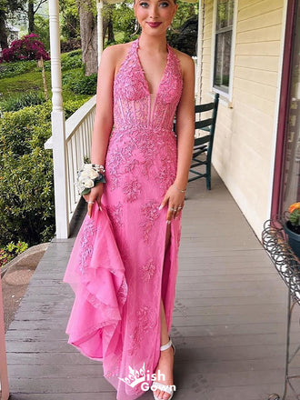 Gorgeous V-neck Halter Lace Mermaid Long Prom Dress Ideas, Evening Party Dresses,WGP1379