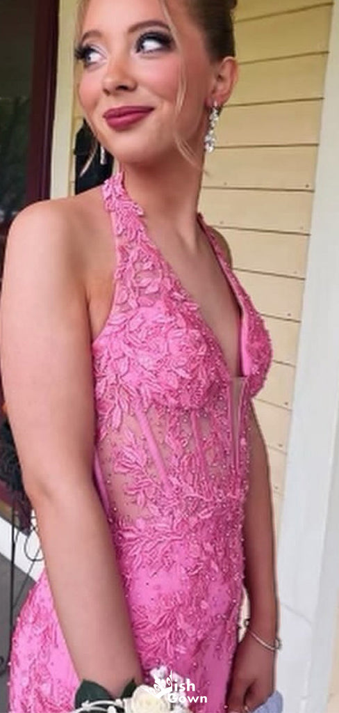 Gorgeous V-neck Halter Lace Mermaid Long Prom Dress Ideas, Evening Party Dresses,WGP1379