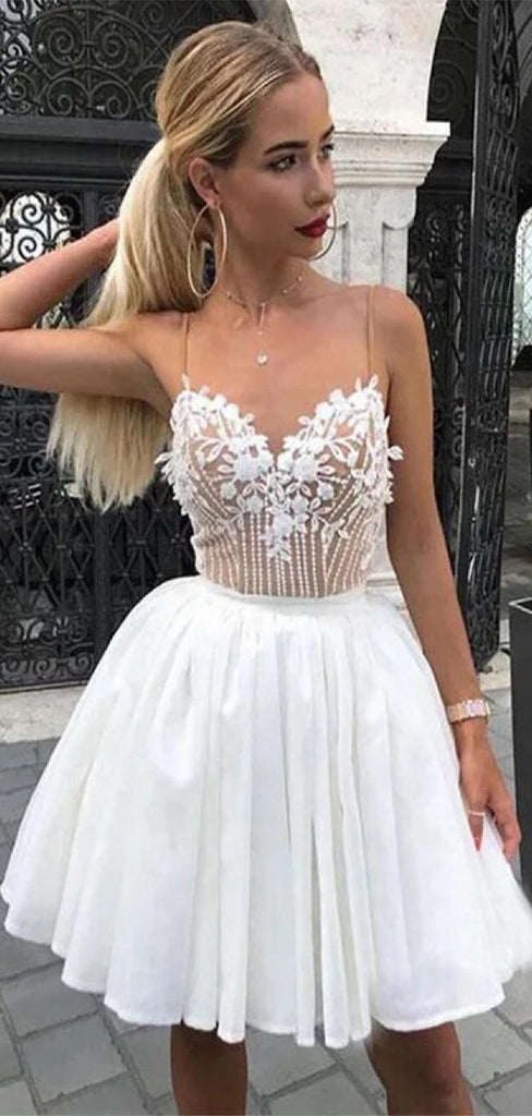 Elegant White Lace Spahetti Strap A-Line Popular Cheap Short Homecoming Dresses, EPT205