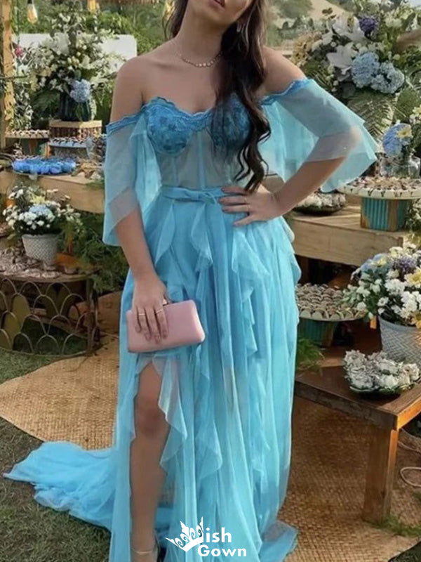 Casual Sweetheart Off-shoulder Lace A-line Long Prom Dress Ideas, Evening Party Dresses,WGP1389