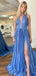 Sexy Blue A-Line Halter Strap Side Slit Popular Long Evening Dresses, Formal Dresses, Birthday Party, WGP590