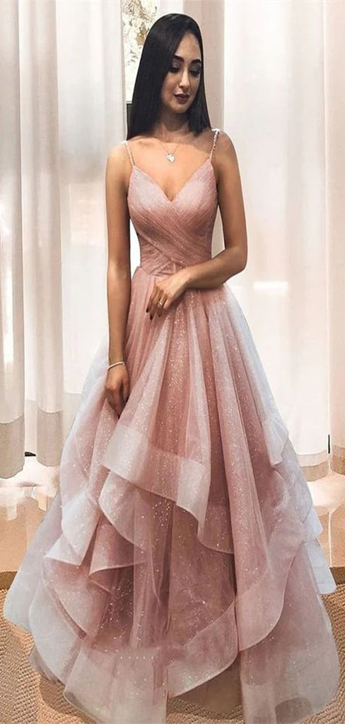 Elegant A-Line V-Neck Spaghetti Straps Ruffles Long Formal Prom Dresses,Evening Gowns,WGP335