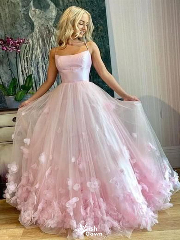 Elegant A-Line Pink Spaghetti Straps Sleeveless Appliques Formal Prom Gowns,Evening Dresses,WGP342