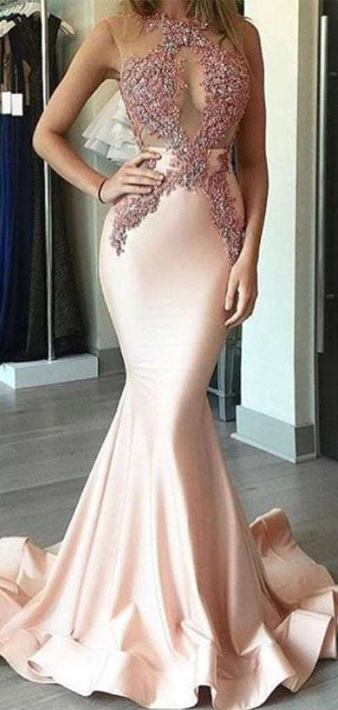 Elegant Pink Mermaid Jewel Lace Popular Long Evening Dresses, Formal Dresses, Birthday Party, WGP597