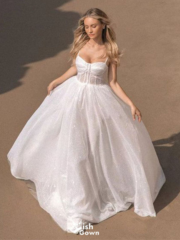 Elegant White A-Line Sweetheart Spaghetti Straps Sequins Long Maxi Prom Gowns,Evening Dresses,WGP362