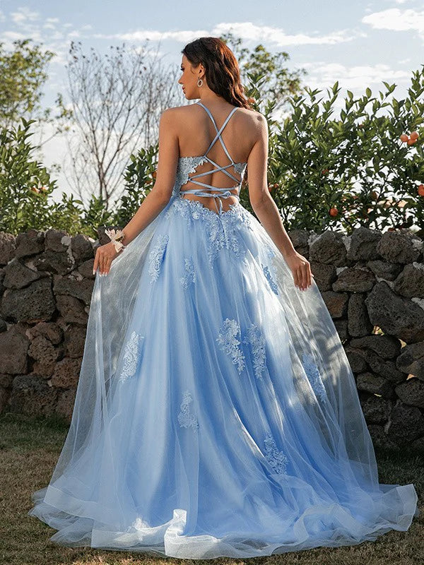 Unique Blue A-Line Halter Side Slit Appliques Lace Up Formal Maxi Prom Gowns,Evening Dresses,WGP344