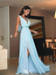 Elegant Baby Blue V-Neck A-Line Side Slit Popular Long Evening Dresses, Formal Dresses, Birthday Party, WGP624