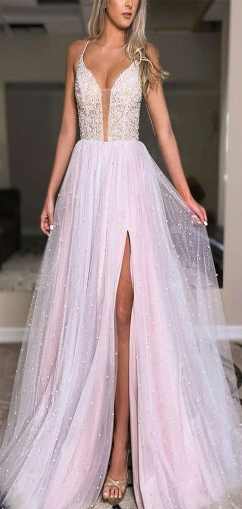 Gorgeous A-Line V Neck Halter Lace Up Side Slit Sequins Beading Long Formal Prom Dresses,Evening Gowns,WGP377