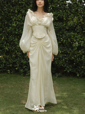 Unique Floral White V-Neck Long Sleeve Long Prom Dress Ideas, Evening Party Dresses,WGP1816