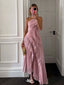 Unique Dusty Rose High Neck Pleated Prom Dress Asymmetrical Ruffle Evening Gown,WGP2163