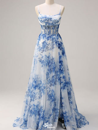 Elegant Blue Spaghetti Strap Mermaid Side Slit Long Prom Dress Ideas, Evening Party Dresses ,  WGP1594