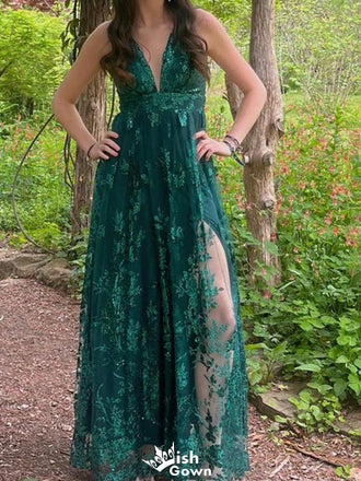 Gorgeous V-neck Lace A-line Long Prom Dress Ideas, Evening Party Dresses,WGP1449