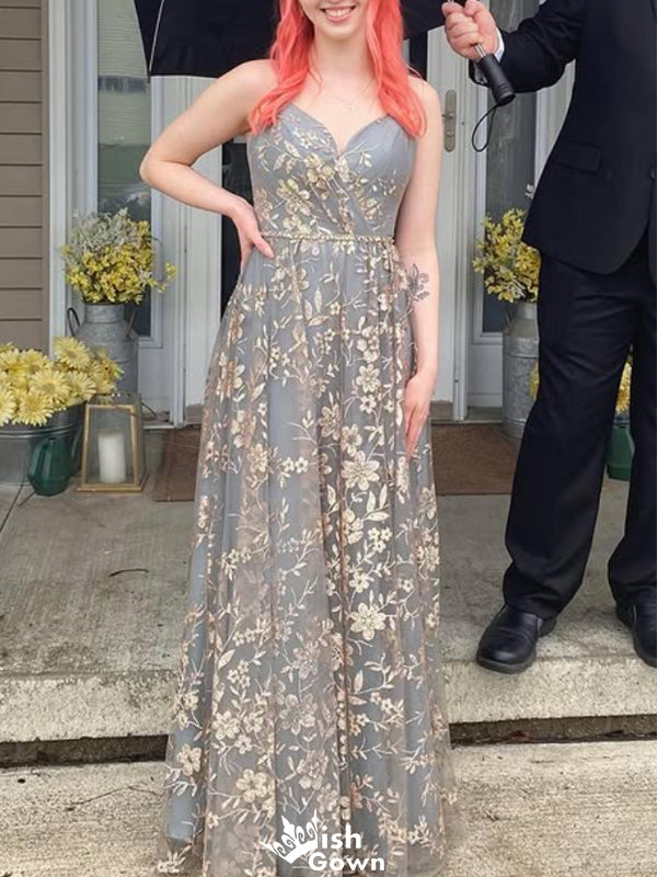 Casual Spaghetti Strap V-neck A-line Long Prom Dress Ideas, Evening Party Dresses,WGP1461