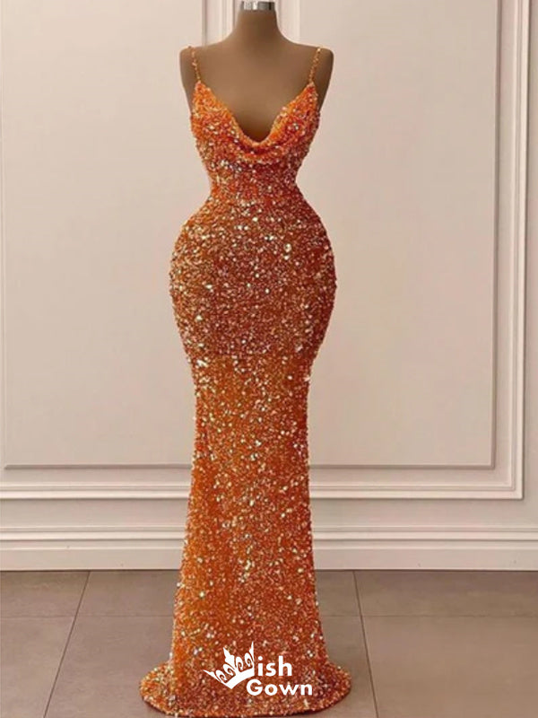 Shiny Orange Spaghetti Straps Mermaid Long Party Dress Prom Dresses,Evening Dress Online, WGP884