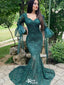 Elegant Green Mermaid Long Sleeve Popular Long Evening Dresses, Formal Dresses, Birthday Party, WGP644