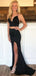 Sexy Black Mermaid Spaghetti Strap Side Slit Long Sleeve Popular Long Evening Dresses, Formal Dresses, Birthday Party, WGP650