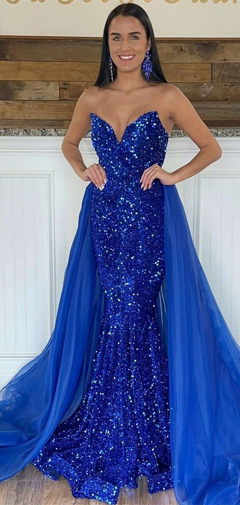 Elegant Blue Sweetheart Mermaid Detachable Long Sleeve Popular Long Evening Dresses, Formal Dresses, Birthday Party, WGP665