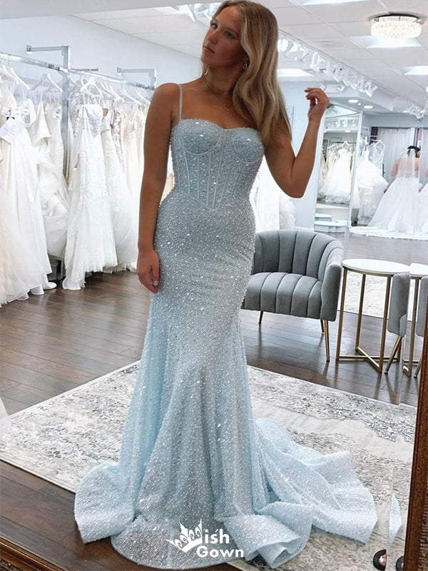 Elegant Baby Blue Spaghetti Strap Mermaid Long Sleeve Popular Long Evening Dresses, Formal Dresses, Birthday Party, WGP667