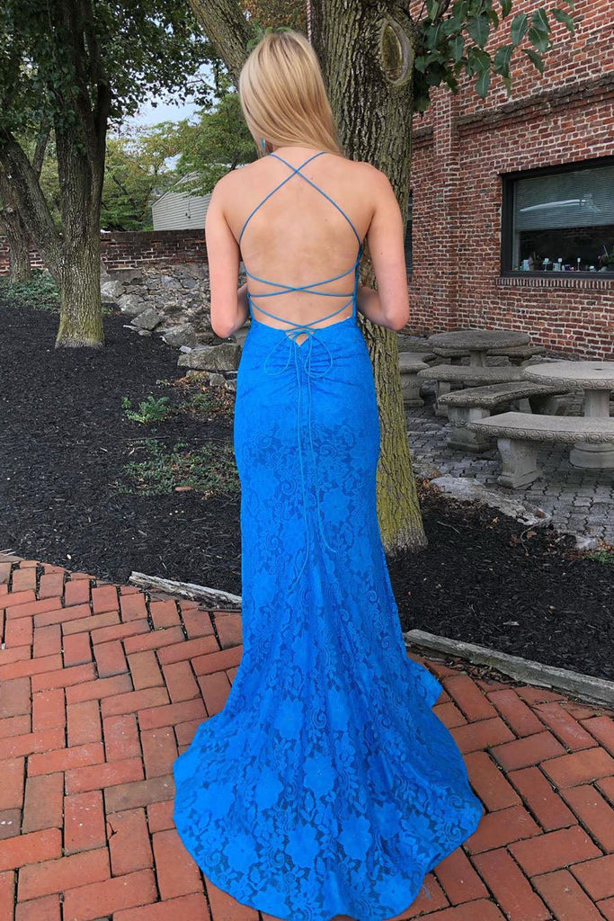 Charming Blue Mermaid Halter Applique Lace Up Maxi Long Party Prom Gowns,Evening Dresses,WGP395