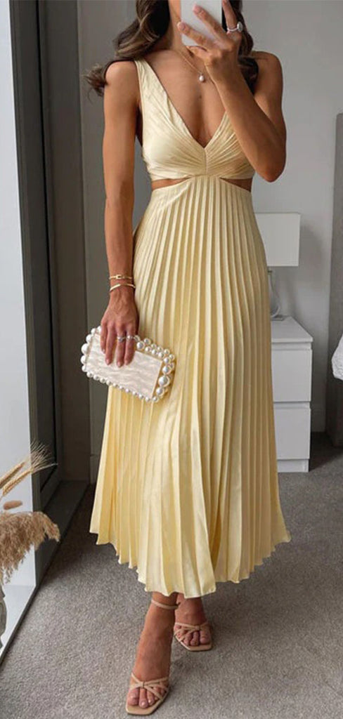 Elegant Yellow V-Neck A-Line Long Prom Dress Ideas, Evening Party Dresses,WGP1719