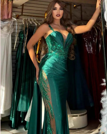 Elegant Green Spaghetti Strap Mermaid Side Slit Long Prom Dress Ideas, Evening Party Dresses ,  WGP1589