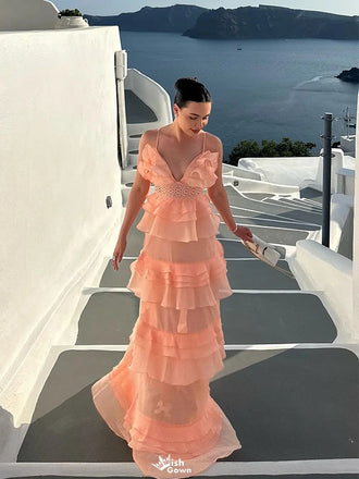 Elegant Coral Spaghetti Strap A-Line Long Prom Dress Ideas, Evening Party Dresses,WGP1756