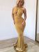 Sexy Golden Halter Strap Mermaid Long Sleeve Popular Long Evening Dresses, Formal Dresses, Birthday Party, WGP658