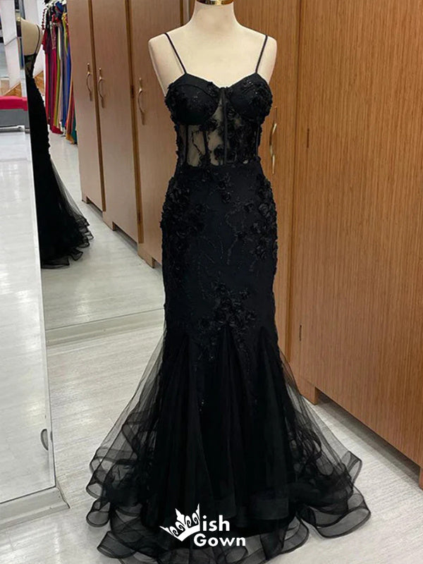 Black Lace 3D Flower Appliques Spaghetti Straps Mermaid Long Party Dress Prom Dresses,Evening Dress Online, WGP889