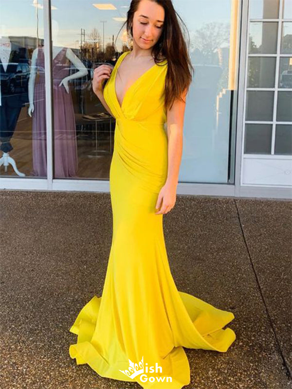 Sexy Yellow V-Neck Long Sleeve Popular Long Evening Dresses, Formal Dresses, Birthday Party, WGP677