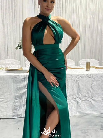 Sexy Halter Notched Mermaid Long Prom Dress Ideas, Evening Party Dresses,WGP1548