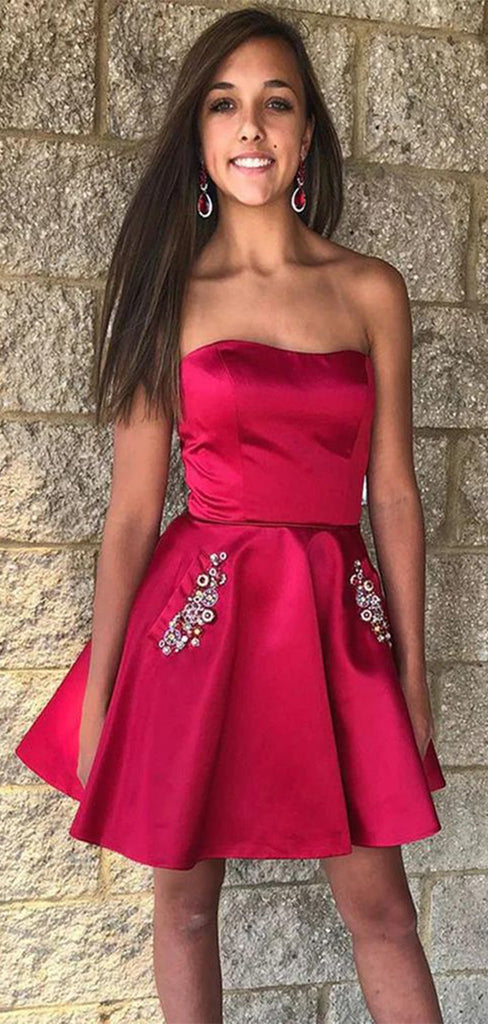 Sexy Red Strapless Beads Sleeveless Popular Cheap Short Homecoming Dresses, Birthday Party EPT243