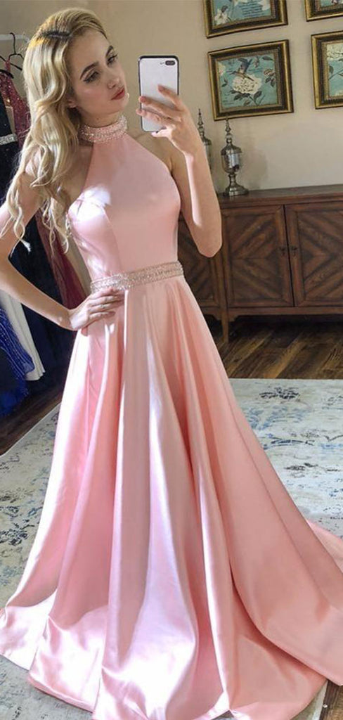 Elegant Pink High-Neck A-Line Long Prom Dress Ideas, Evening Party Dresses,WGP1846