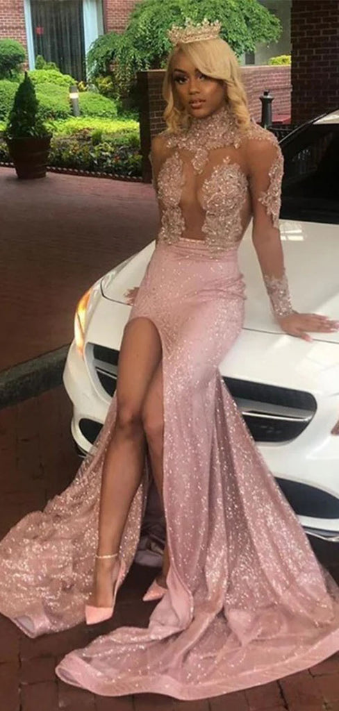 Unique Pink Halter Long Sleeve Mermaid Long Prom Dress Ideas, Evening Party Dresses,WGP1905