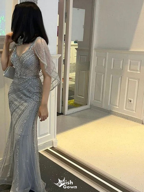 Shiny Blue V-Neck Mermaid Long Prom Dress Ideas, Evening Party Dresses,WGP1707