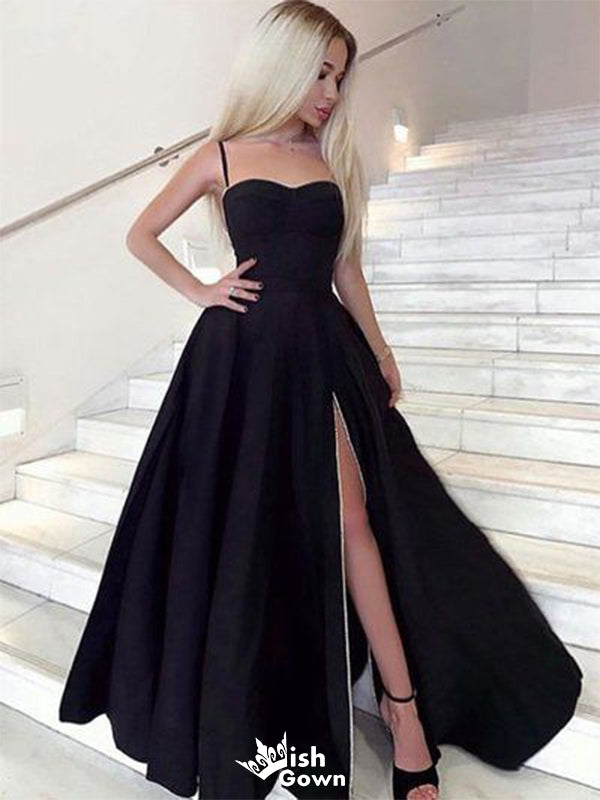 Elegant Black Spaghetti Strap A-Line Side Slit Long Sleeveless Popular Long Evening Dresses, Formal Dresses, WGP704