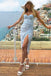 Elegant Blue Floral Print Spaghetti Strap Mermaid Side Slit Long Prom Dress Ideas, Evening Party Dresses,WGP1875