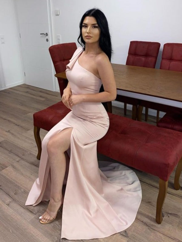 Elegant Pink Mermaid One Shoulder Side Slit Long Sleeveless Long Party Prom Dresses,Evening Dress Online, WGP743