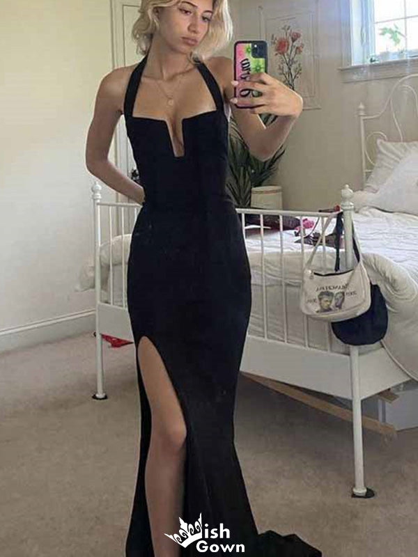 Sexy Black Halter Notched Mermaid Long Prom Dress Ideas, Evening Party Dresses,WGP1653